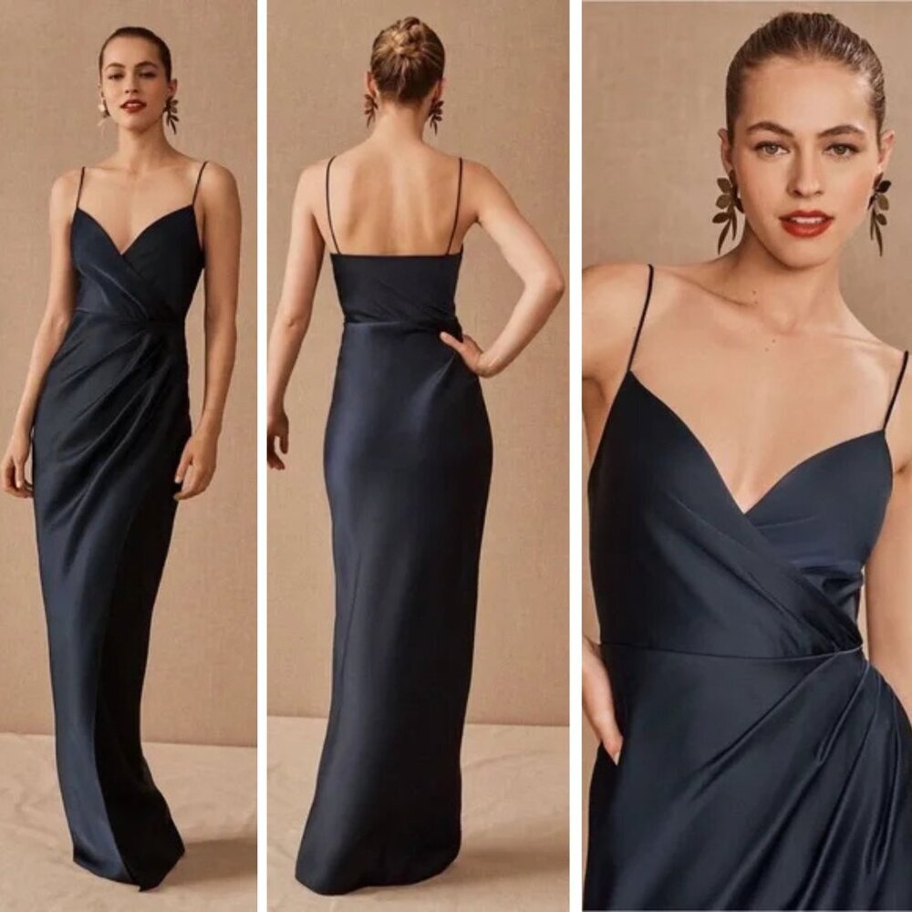 BHLDN Navy Satin Wrap-Front Spaghetti Strap Maxi Dress